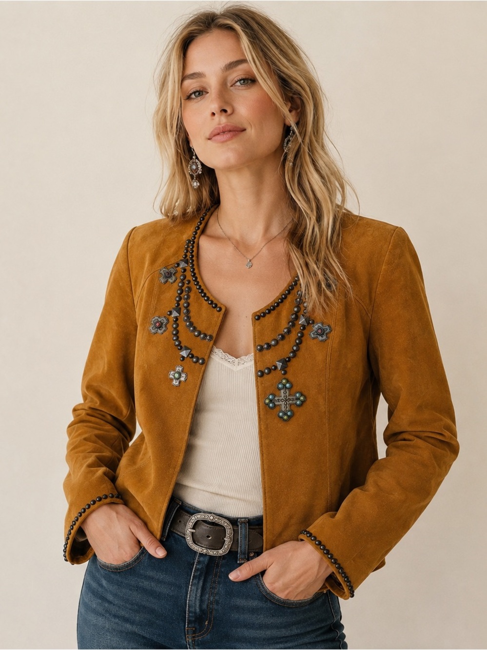 Double D Ranch Embellished Suede Crop Jacket in Tan EUC 1293